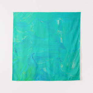 Green and blue brush strokes painted abstract grun tapestry