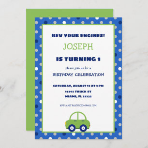 Green and Blue Car Kids Birthday Party Invitation