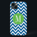 Green and Blue Chevron Custom Monogram iPhone 13 Case<br><div class="desc">Protect your iPad with this trendy and modern chevron pattern case. Write your first name initial on the template to personalise. You can change the blue stripes colour by clicking the Customise it button - Edit Menu - Background.</div>