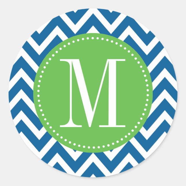 Green and Blue Chevron Custom Monogram Classic Round Sticker (Front)
