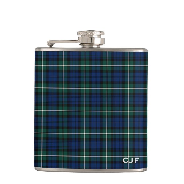Green and Blue Clan Forbes Tartan Monogram Hip Flask (Front)