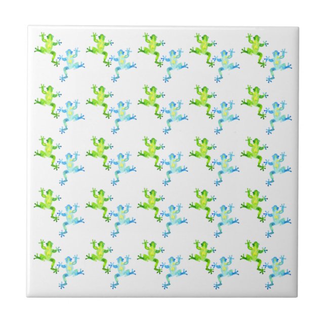Green and Blue Dancing Frogs Pattern Ceramic Tile (Front)