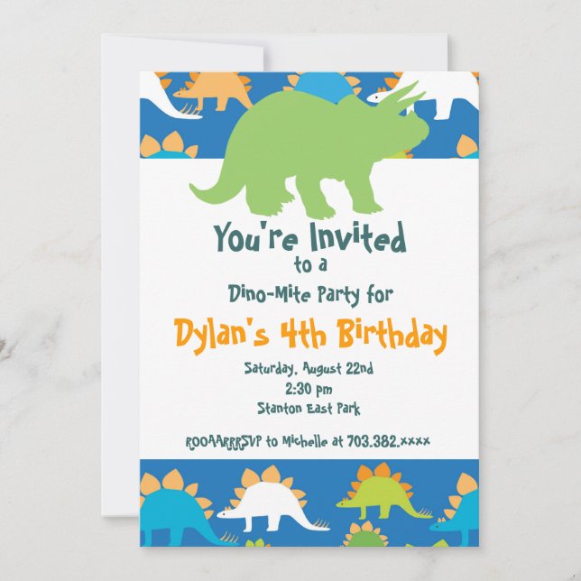Green and Blue Dinosaur Birthday Party Invitations (Front)