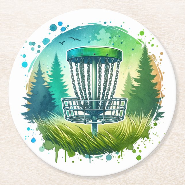 Green and Blue Disc Golf Themed Round Paper Coaster (Front)