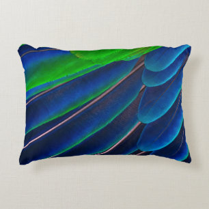 Green and blue feather close-up photography decorative cushion