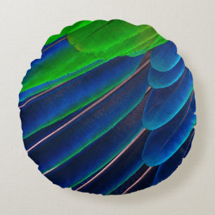 Green and blue feather close-up photography round cushion