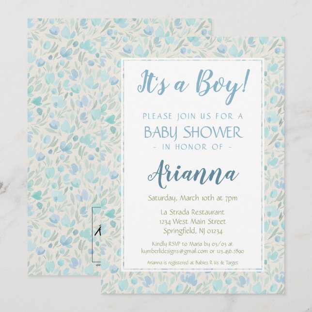 Green and Blue Floral Baby Boy Shower Invitation (Front/Back)