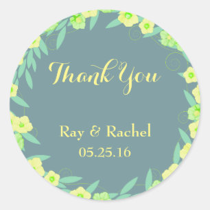 Green and blue floral Thank You Classic Round Sticker
