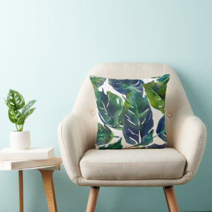 Green and Blue Foliage Philodendron Botanical Cushion