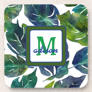 Green and Blue Foliage Philodendron Monogrammed Coaster