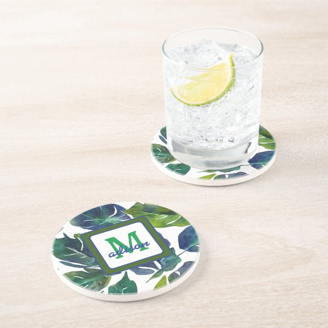 Green and Blue Foliage Philodendron Monogrammed Coaster (Side)