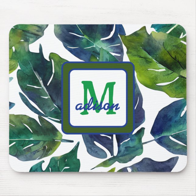 Green and Blue Foliage Philodendron Monogrammed Mouse Pad (Front)