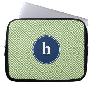 Green and Blue Greek Key Pattern Monogram Laptop Sleeve