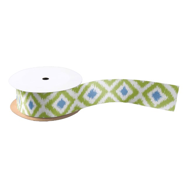 Green and Blue Ikat Diamonds Pattern Satin Ribbon (Spool)