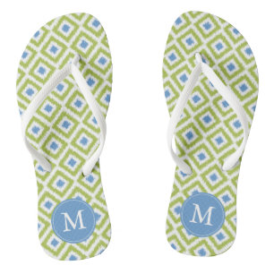 Green and Blue Ikat Pattern Monogram Thongs