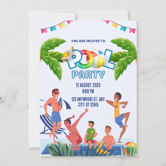 Green and Blue Illustrative Pool Party Invitation