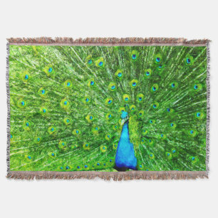 Green and Blue Impressionist Peacock Throw Blanket
