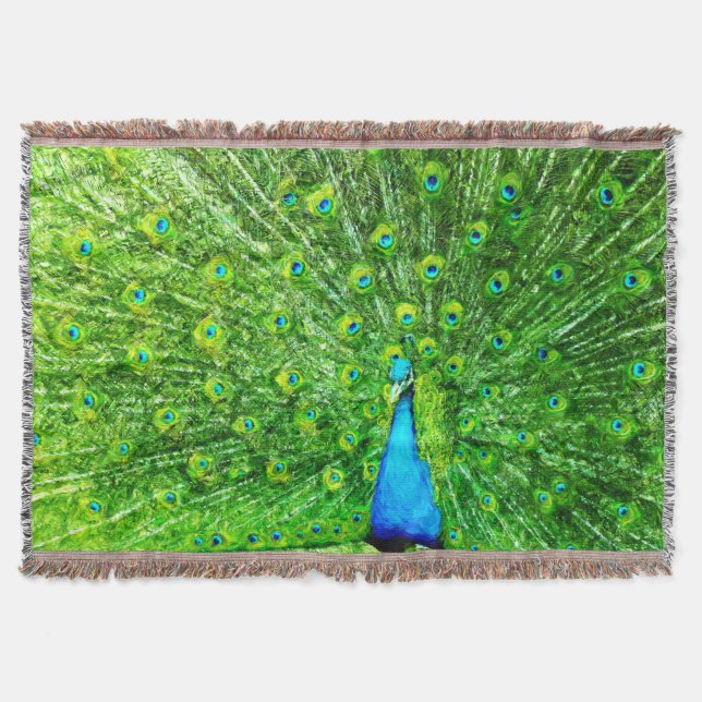 Green and Blue Impressionist Peacock Throw Blanket (Front)