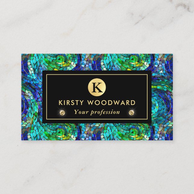 Green and Blue Jewel Tone Mosaic Glass Pattern Business Card (Front)