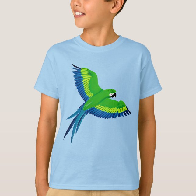 Green and Blue Macaw / Parrot in Flight Kid's Tee  (Front)