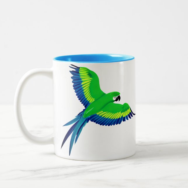 Green and Blue Macaw / Parrot in flight  Two-Tone Coffee Mug (Left)