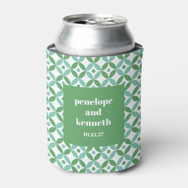 Green and Blue Mid Mod Chic Wedding Custom Can Cooler (Can Front)
