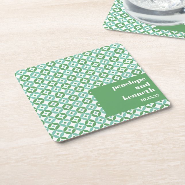 Green and Blue Mid Mod Chic Wedding Custom Square Paper Coaster (Angled)