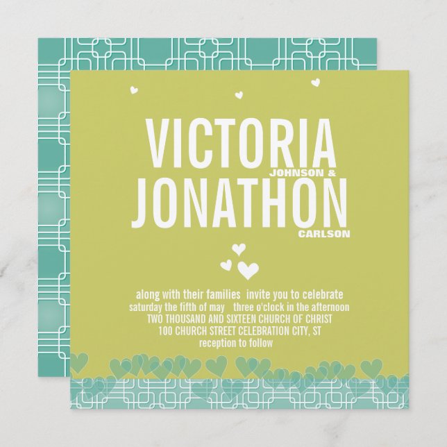 Green and Blue  Modern Hearts Typography Wedding Invitation (Front/Back)