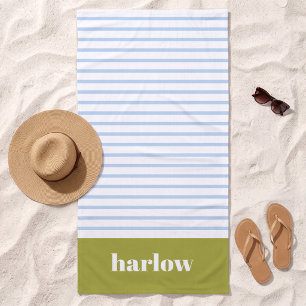 Green and Blue Modern Stripes Monogrammed Beach Towel