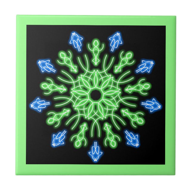 Green and blue neon flower ceramic tile (Front)