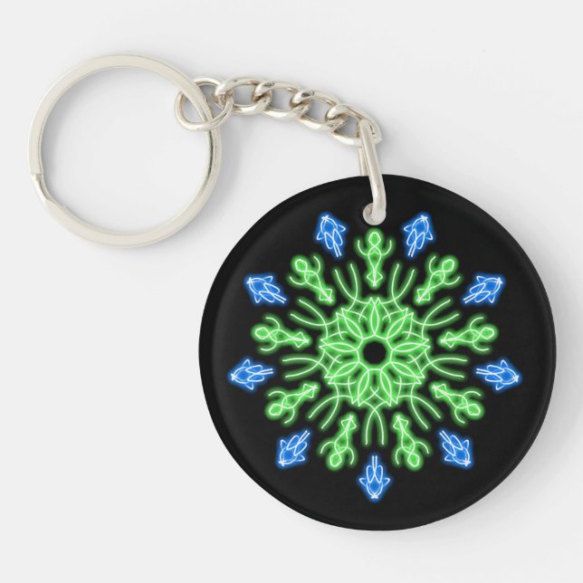 Green and blue neon flower key ring (Front)