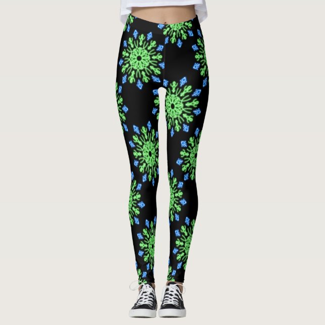 Green and blue neon flower leggings (Front)