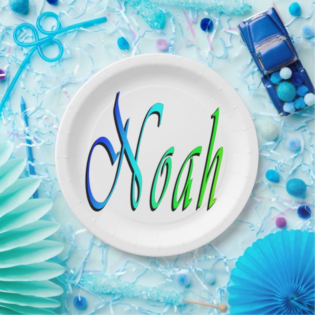 Green And Blue Noah Name,  Paper Plate (Party)