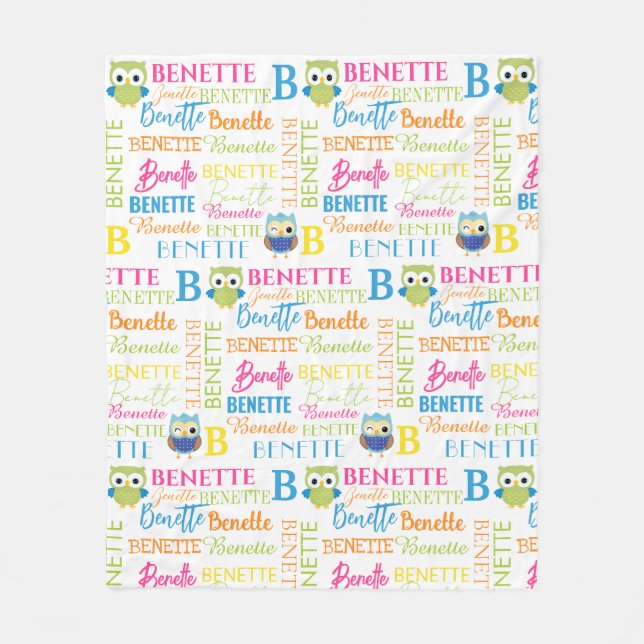 Green and Blue Owls with Name and Monogram Collage Fleece Blanket (Front)