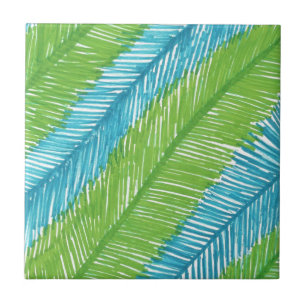Green and Blue Palm Leaves Pattern Ceramic Tile