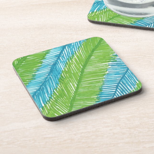 Green and Blue Palm Leaves Pattern Coaster (Left Side)
