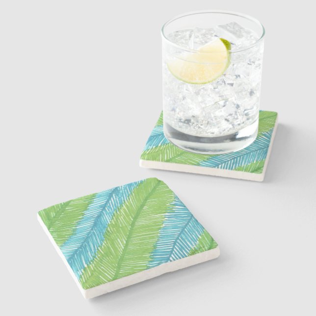 Green and Blue Palm Leaves Pattern Stone Coaster (Side)