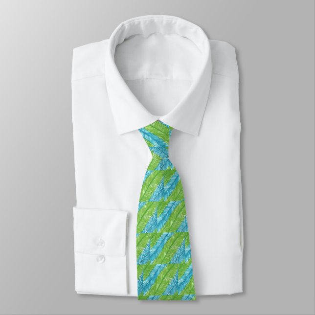Green and Blue Palm Leaves Pattern Tie (Tied)