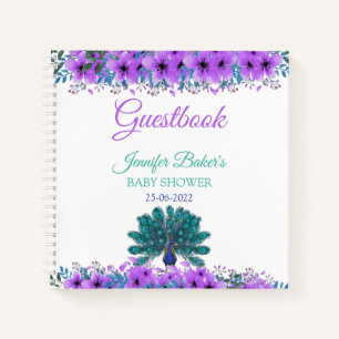 Green and Blue Peacock Purple Watercolor Flowers Notebook