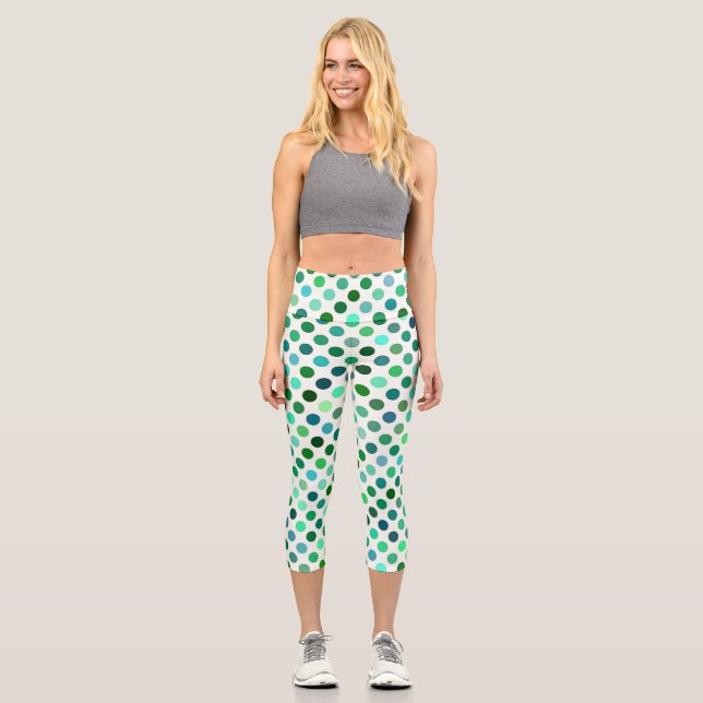 Green and Blue Polka Dots Seamless Pattern Capri Leggings (Front)