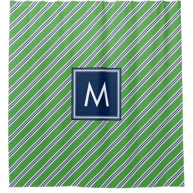 Green and Blue Preppy Stripes Shower Curtain (Front)