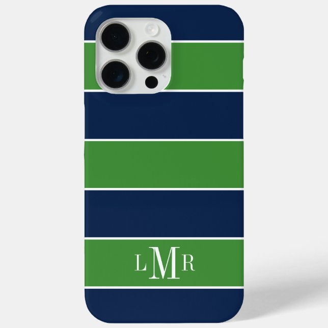Green and Blue Rugby Stripes 3 Letter Monogram Case-Mate iPhone Case (Back)