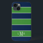 Green and Blue Rugby Stripes Monogrammed iPhone 13 Case<br><div class="desc">Personalized design features a cool rugby stripes pattern and can be personalized with your monogram,  initial,  name,  or any text of your choice.</div>