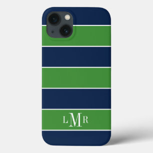 Green and Blue Rugby Stripes Monogrammed iPhone 13 Case