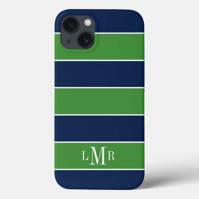 Green and Blue Rugby Stripes Monogrammed Case-Mate iPhone Case (Back)