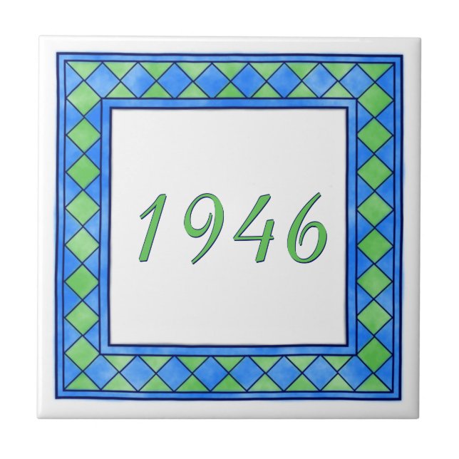 Green and Blue Small House Number Ceramic Tile (Front)