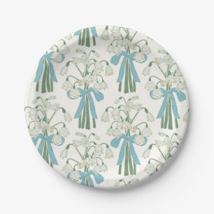 Green and Blue Snowdrop Flower and Bow Bouquets Paper Plate