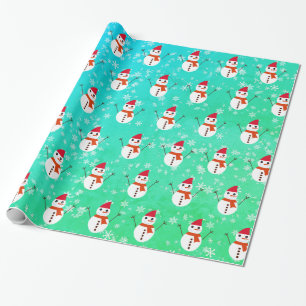 Green and Blue Snowman with snow Christmas Wrapping Paper