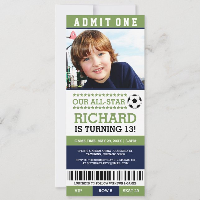 Green and Blue Soccer Ticket Birthday Invites (Front)