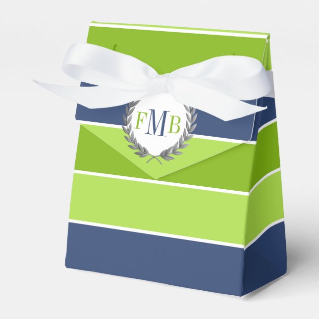 Green and blue stripes and initials wedding favo favour box (Front Side)